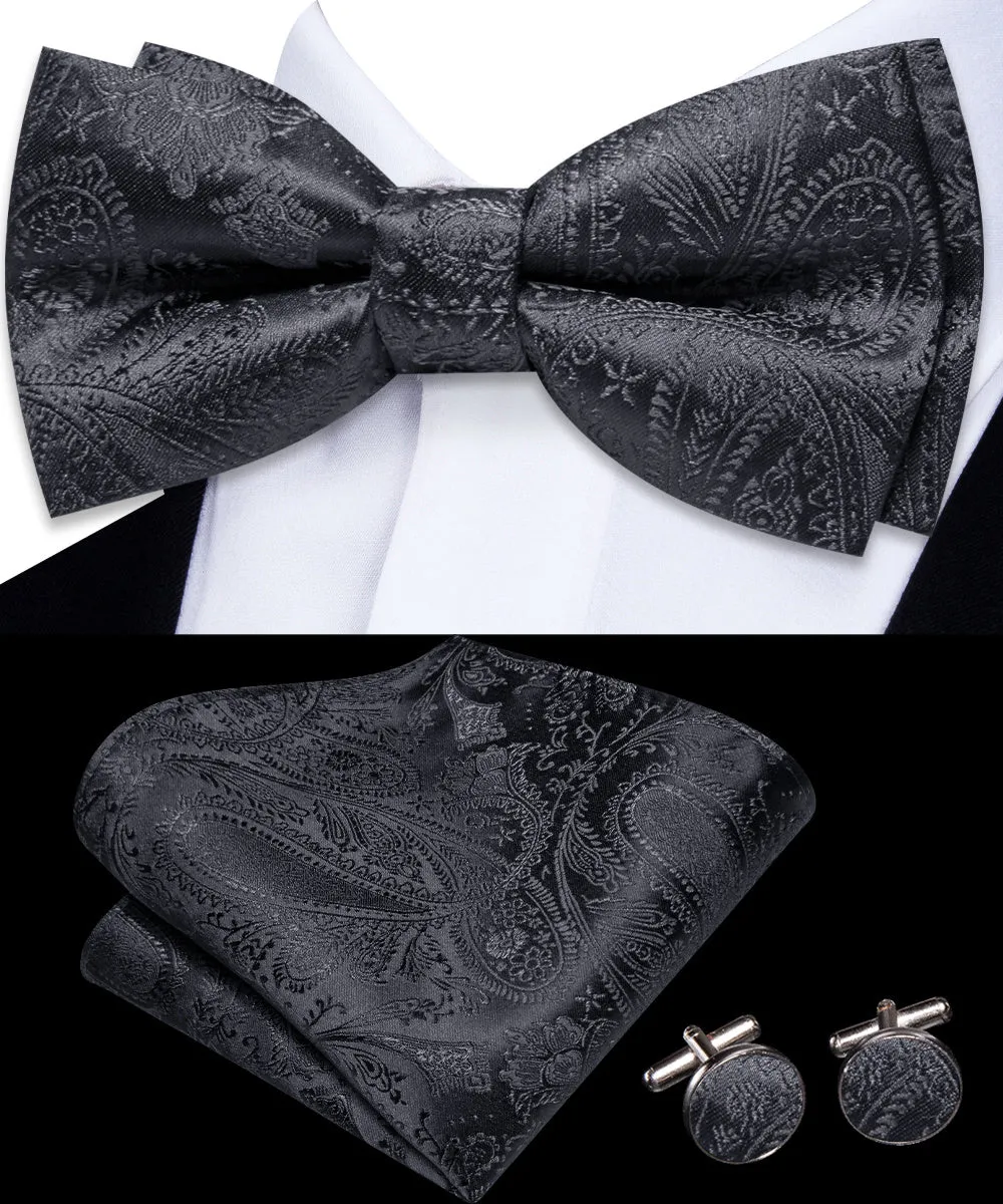 Ties2you Charcoal Grey Paisley Bowtie Pre-tied Bow Tie Handkerchief Cufflinks Set sold by Ties2You product image thumbnail 3