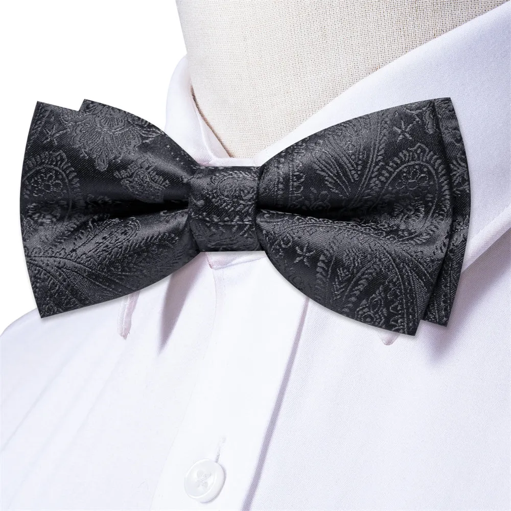 Ties2you Charcoal Grey Paisley Bowtie Pre-tied Bow Tie Handkerchief Cufflinks Set sold by Ties2You product image thumbnail 2