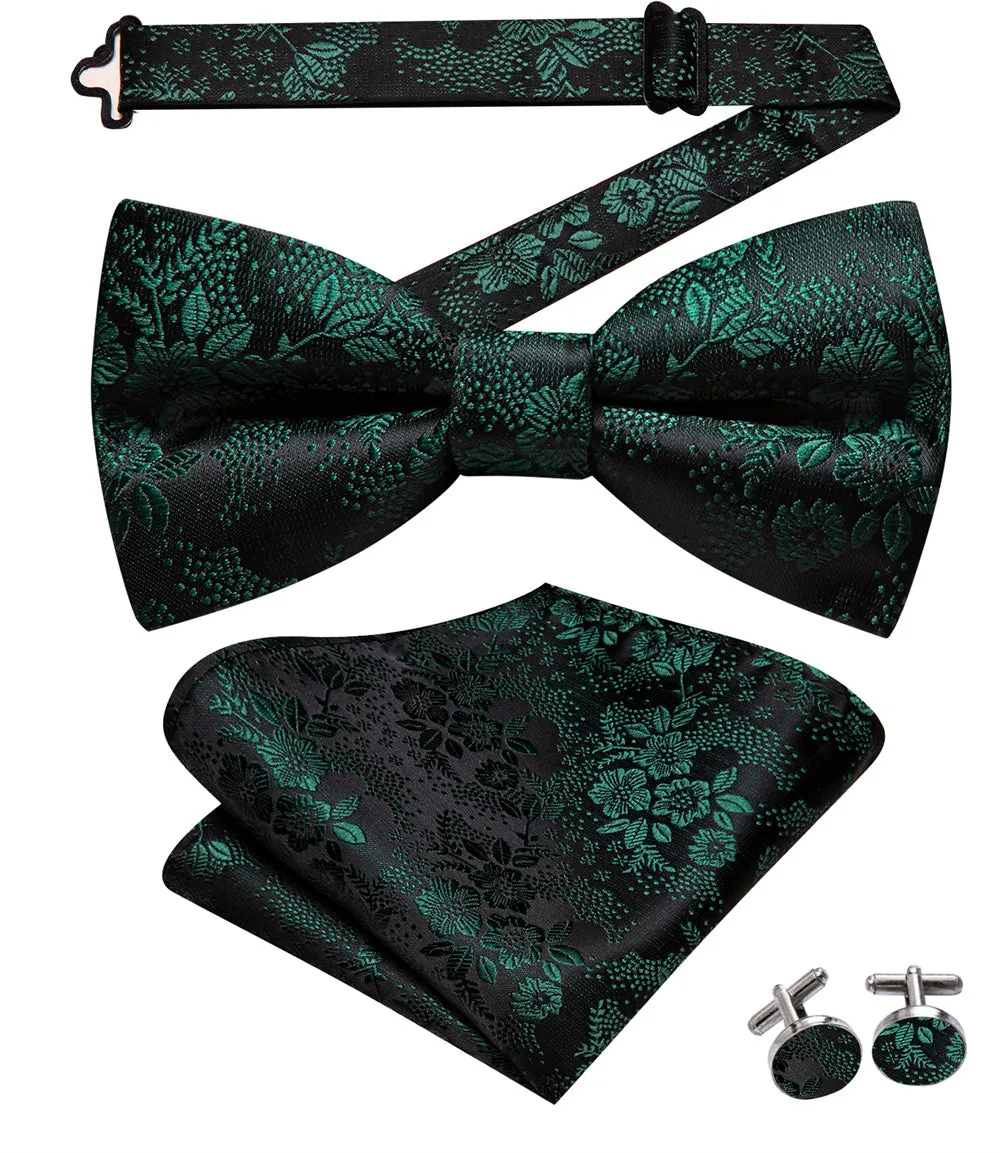 Ties2you Hunter Green Floral Bowtie Pre-tied Bow Tie Pocket Square Cufflinks Set sold by Ties2You product image thumbnail 4