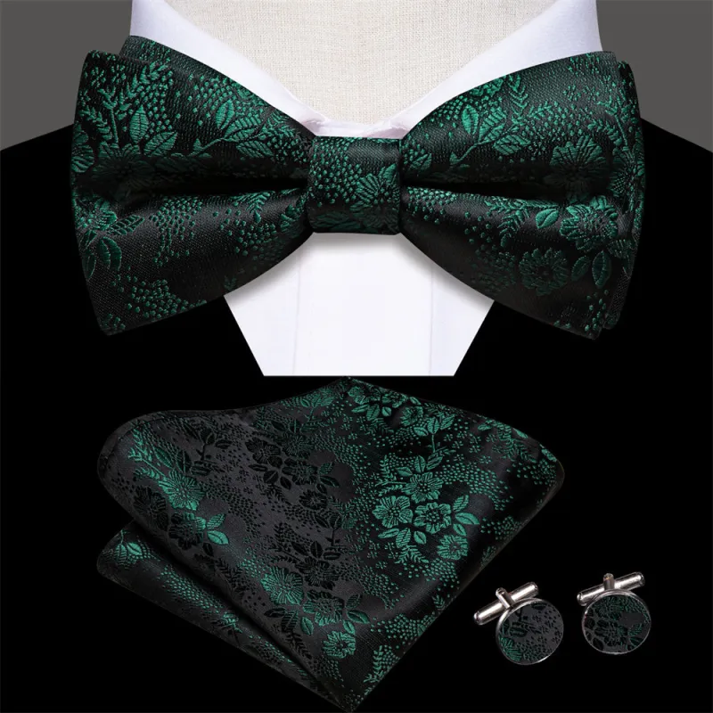 Ties2you Hunter Green Floral Bowtie Pre-tied Bow Tie Pocket Square Cufflinks Set sold by Ties2You