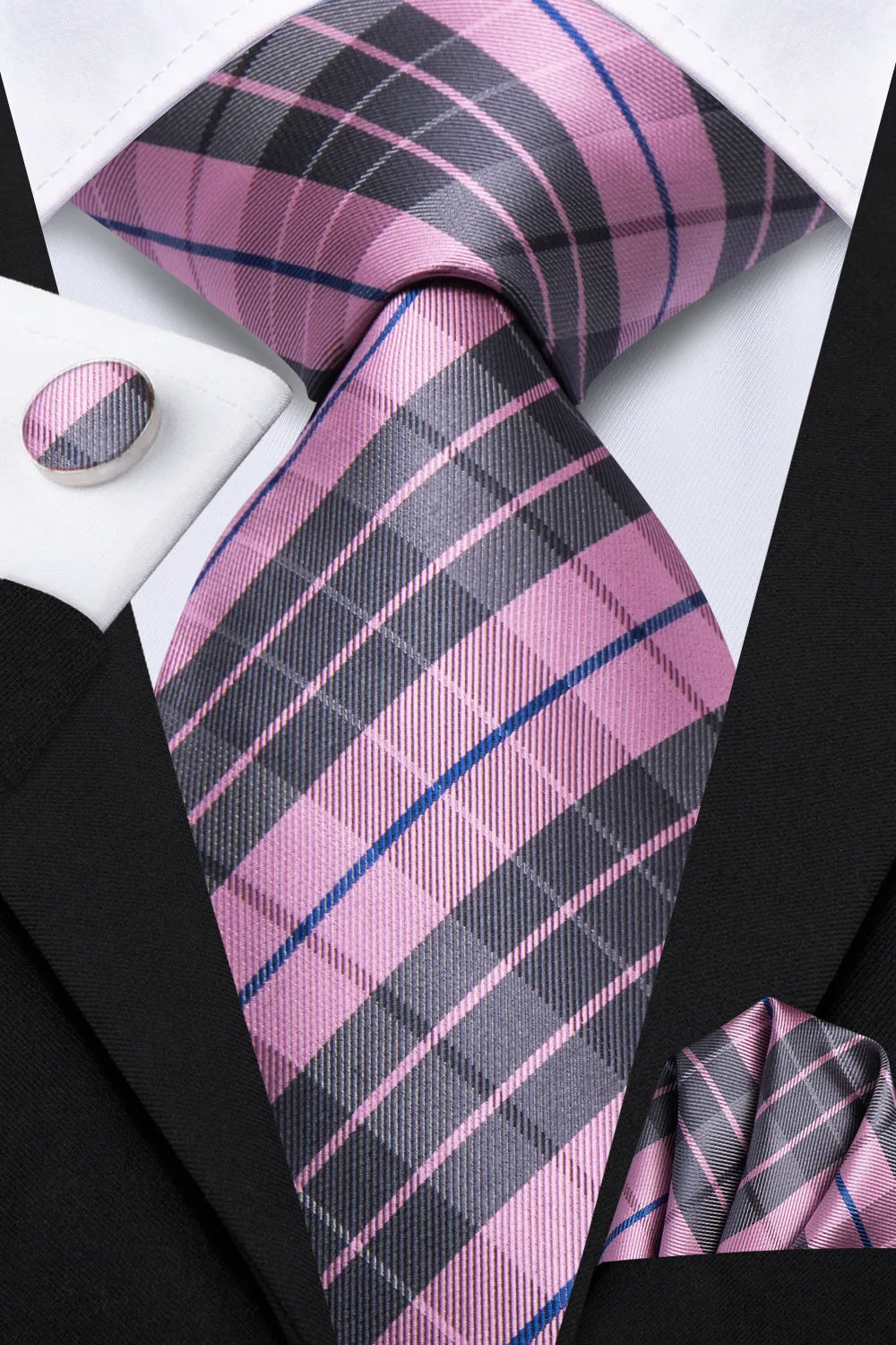 Ties2you Pink Grey Plaid Men's Tie Pocket Square Cufflinks Set sold by Ties2You product image thumbnail 2