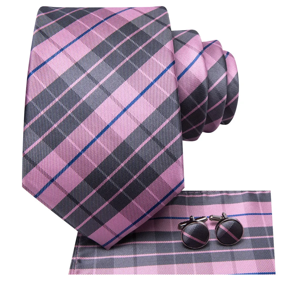Ties2you Pink Grey Plaid Men's Tie Pocket Square Cufflinks Set sold by Ties2You product image thumbnail 3