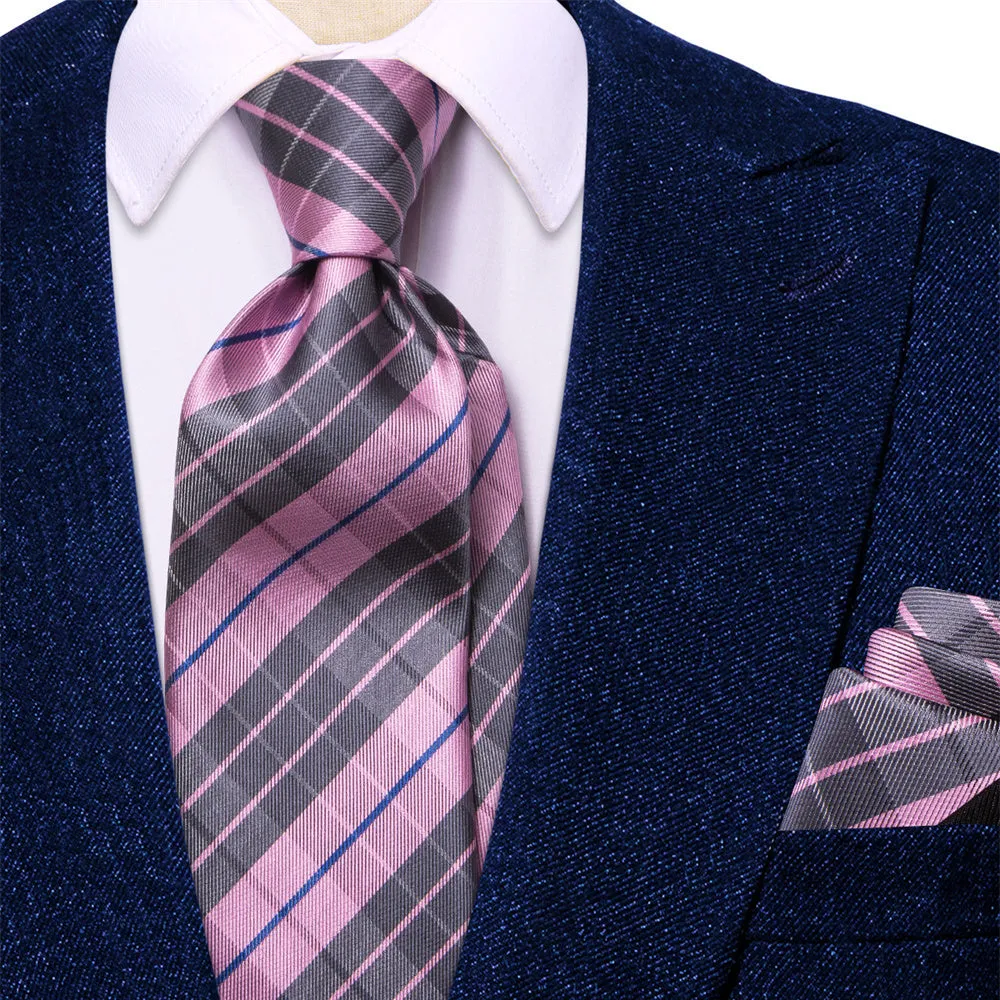 Ties2you Pink Grey Plaid Men's Tie Pocket Square Cufflinks Set sold by Ties2You