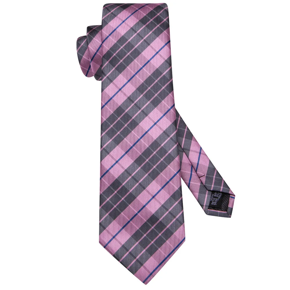 Ties2you Pink Grey Plaid Men's Tie Pocket Square Cufflinks Set sold by Ties2You product image thumbnail 4
