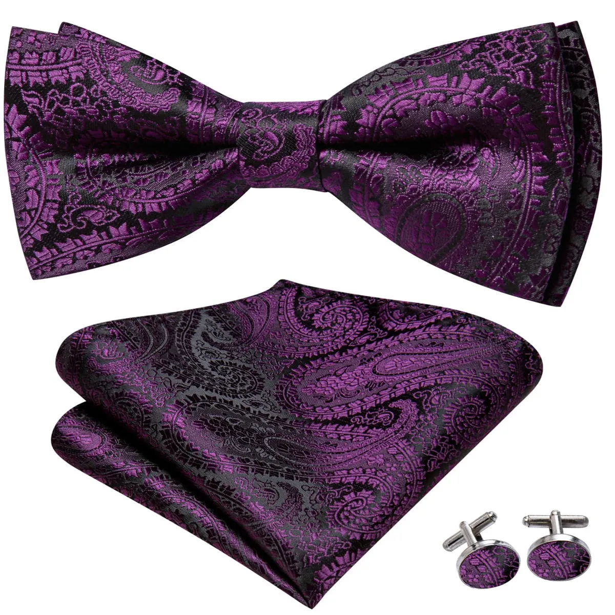 Ties2you Purple Floral Bowtie Pre-tied Wedding Bow Tie Pocket Square Cufflinks Set sold by Ties2You product image thumbnail 3