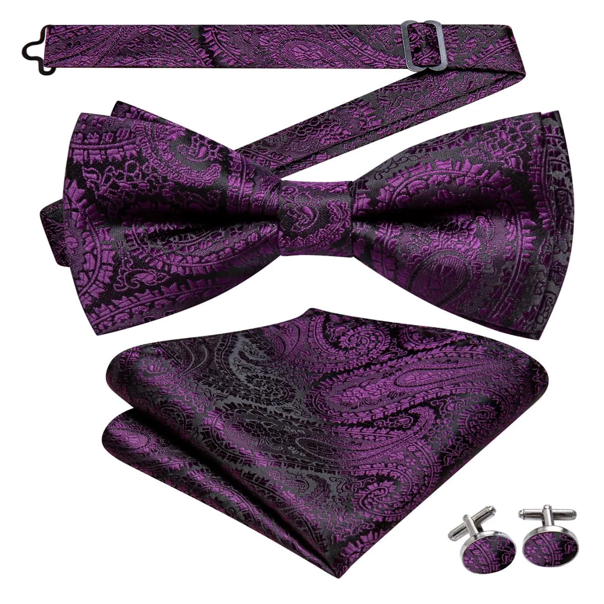 Ties2you Purple Floral Bowtie Pre-tied Wedding Bow Tie Pocket Square Cufflinks Set sold by Ties2You product image thumbnail 4