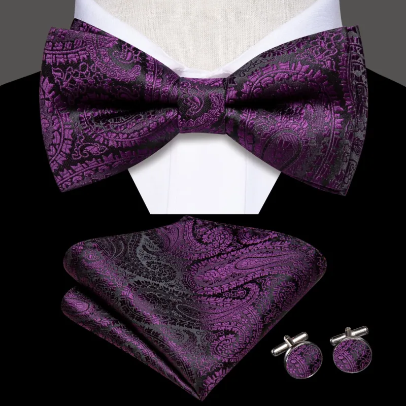 Ties2you Purple Floral Bowtie Pre-tied Wedding Bow Tie Pocket Square Cufflinks Set sold by Ties2You