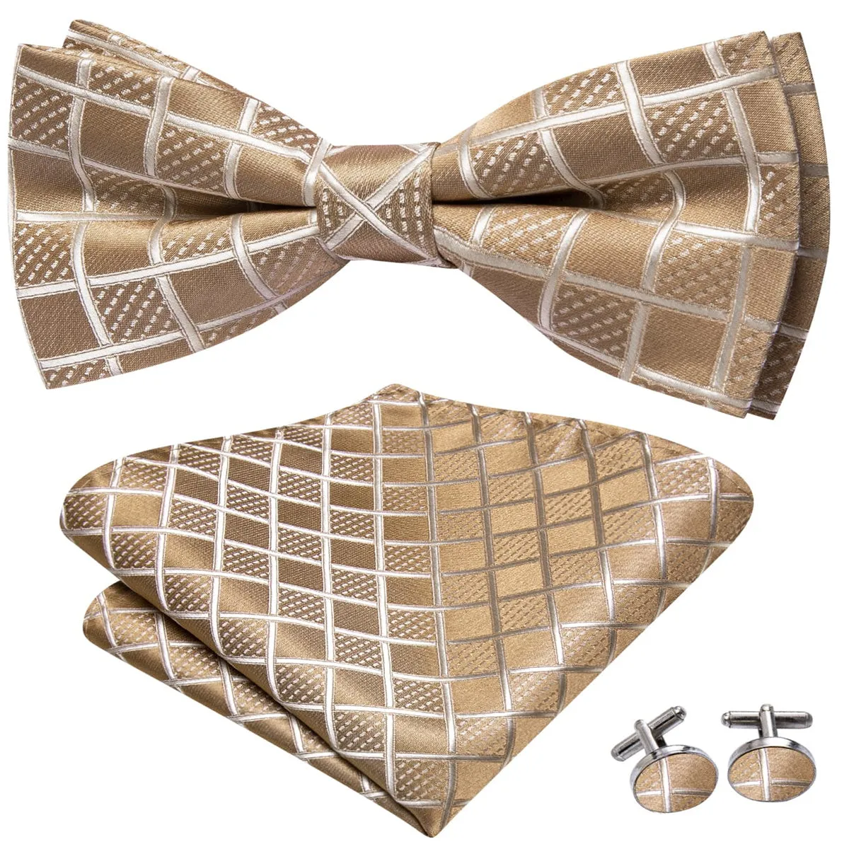 Ties2you Champagne Plaid Bowtie Pre-tied Formal Tuxedo Bow Tie Pocket Square Cufflinks Set sold by Ties2You product image thumbnail 3