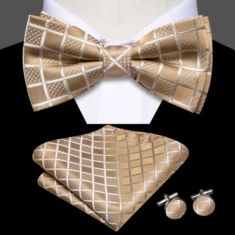Ties2you Champagne Plaid Bowtie Pre-tied Formal Tuxedo Bow Tie Pocket Square Cufflinks Set sold by Ties2You