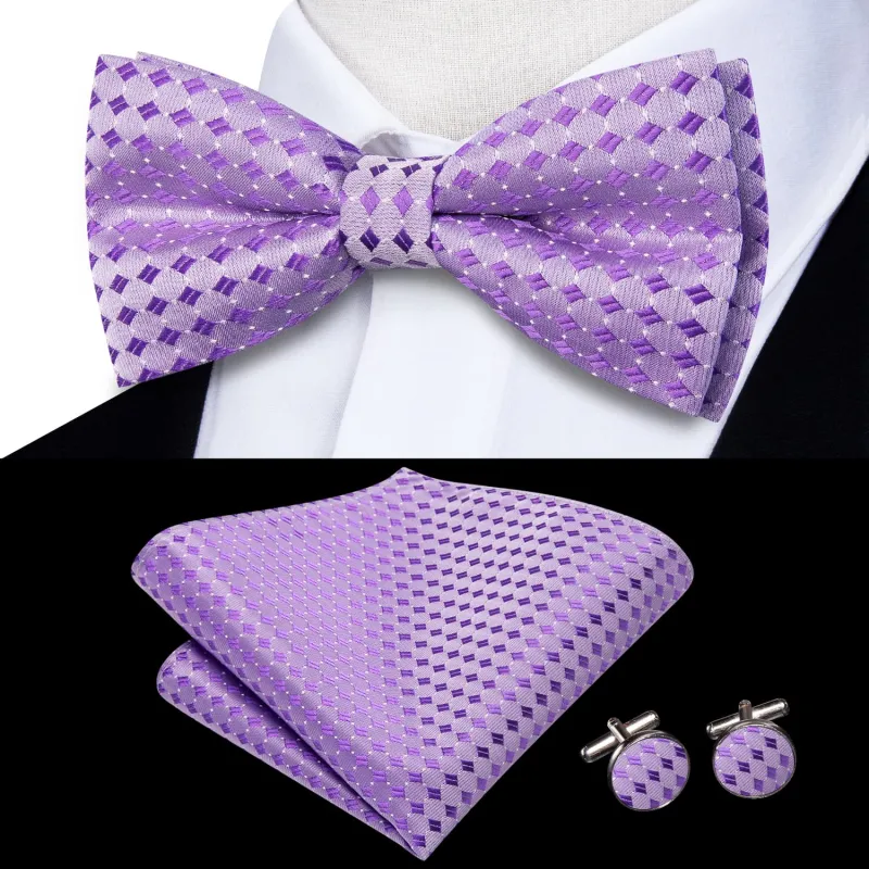 Ties2you Lavender Pre-tied Bowtie Geometric Party Bow Tie Handkerchief Cufflinks Set sold by Ties2You
