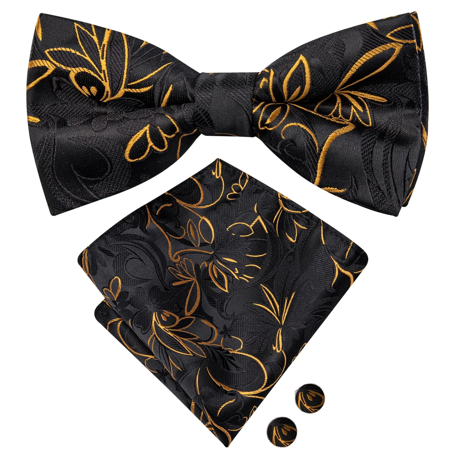 Ties2you Gold Floral Pre-tied Tuxedo Bowtie Black Tie Pocket Square Cufflinks Set sold by Ties2You product image thumbnail 4