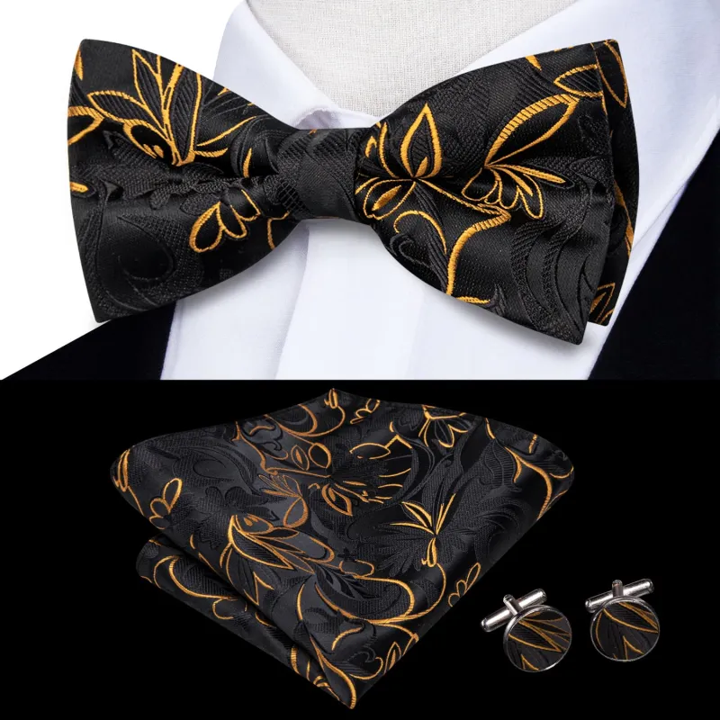 Ties2you Gold Floral Pre-tied Tuxedo Bowtie Black Tie Pocket Square Cufflinks Set sold by Ties2You