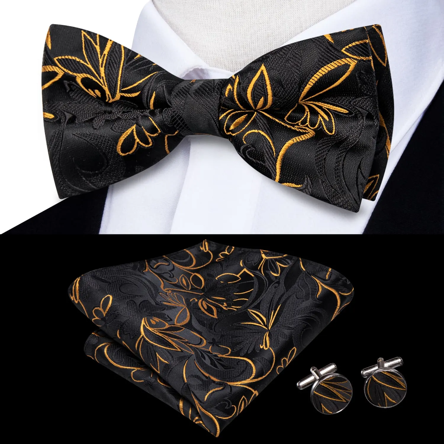 Ties2you Gold Floral Pre-tied Tuxedo Bowtie Black Tie Pocket Square Cufflinks Set sold by Ties2You