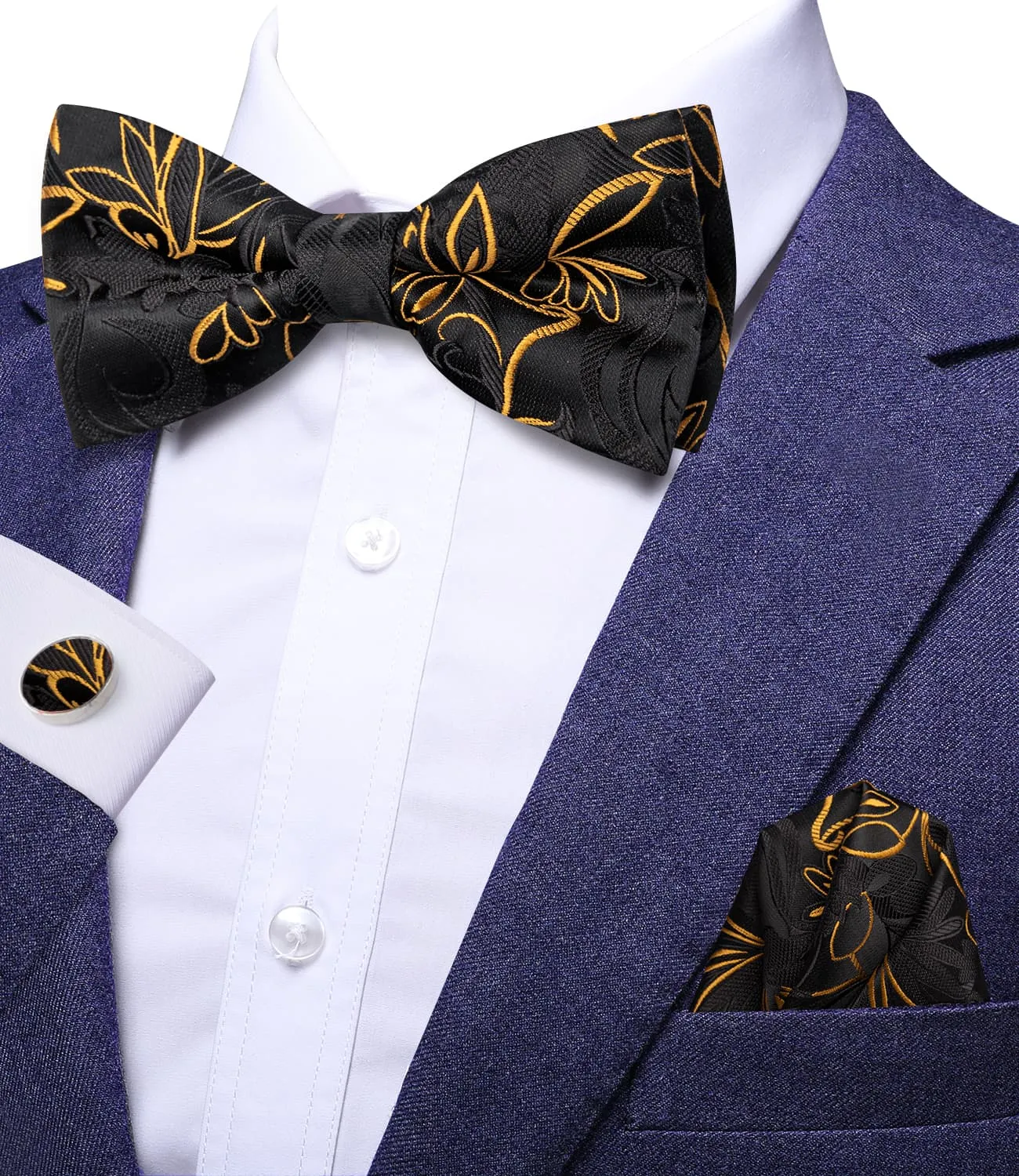 Ties2you Gold Floral Pre-tied Tuxedo Bowtie Black Tie Pocket Square Cufflinks Set sold by Ties2You product image thumbnail 2