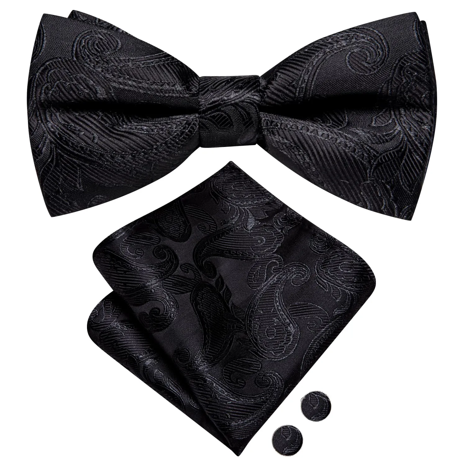 Ties2you Black Paisley Bowtie Pre-tied Tuxedo Bow Tie Pocket Square Cufflinks Set sold by Ties2You product image thumbnail 4
