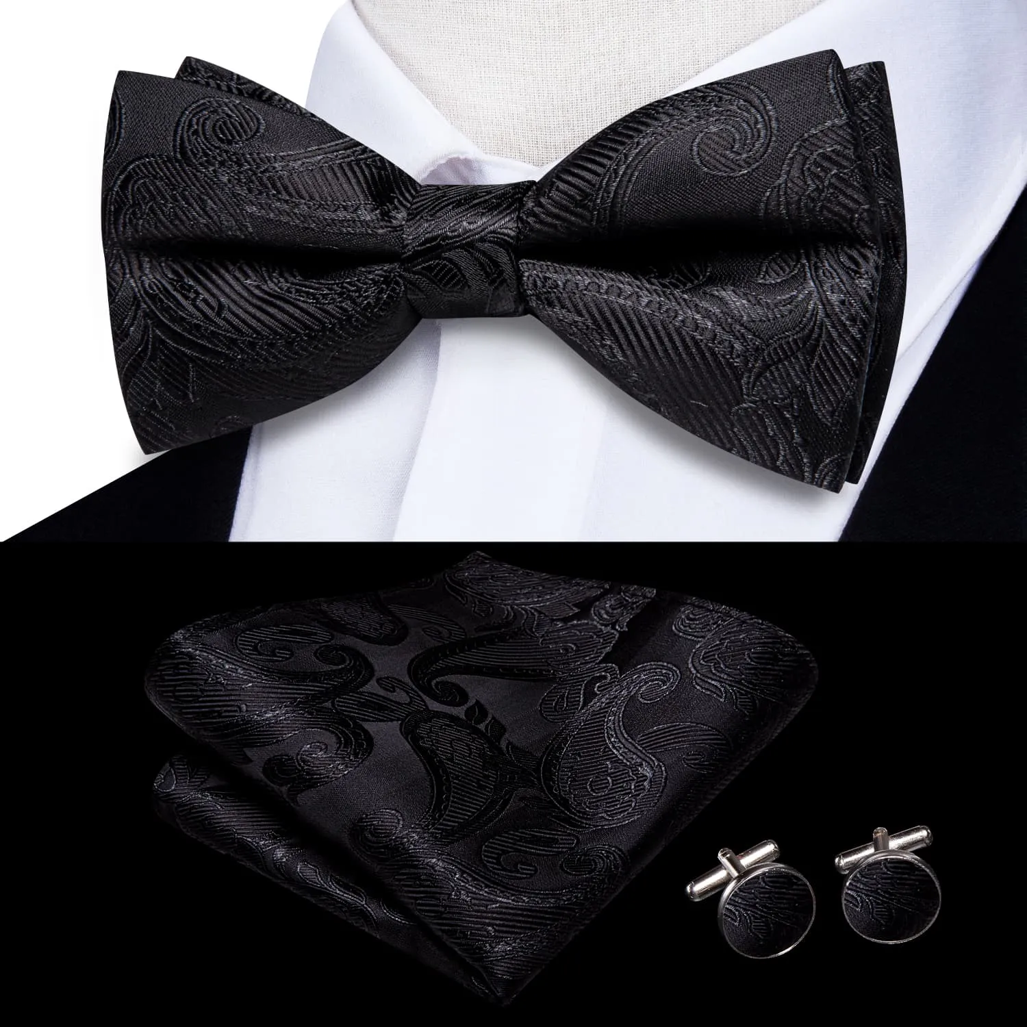Ties2you Black Paisley Bowtie Pre-tied Tuxedo Bow Tie Pocket Square Cufflinks Set sold by Ties2You