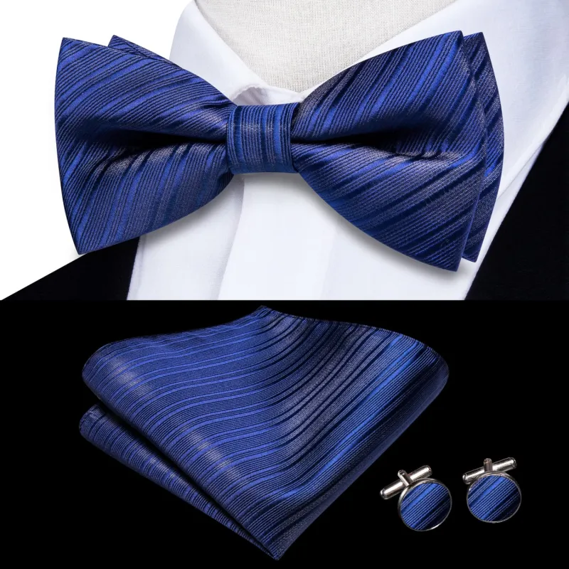 Ties2you Blue Striped Bowtie Pre-tied Formal Bow Tie Pocket Square Cufflinks Set sold by Ties2You