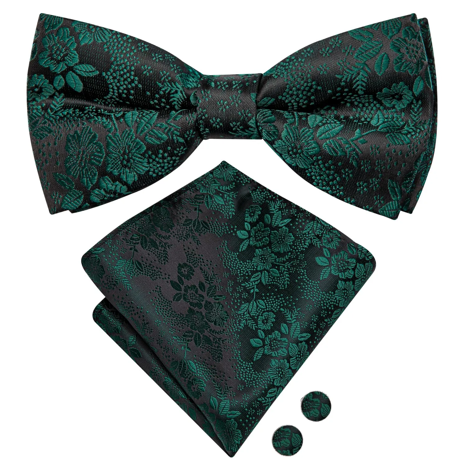 Ties2you Hunter Green Floral Tuxedo Bowtie Pre-tied Bow Tie Handkerchief Cufflinks Set sold by Ties2You product image thumbnail 4