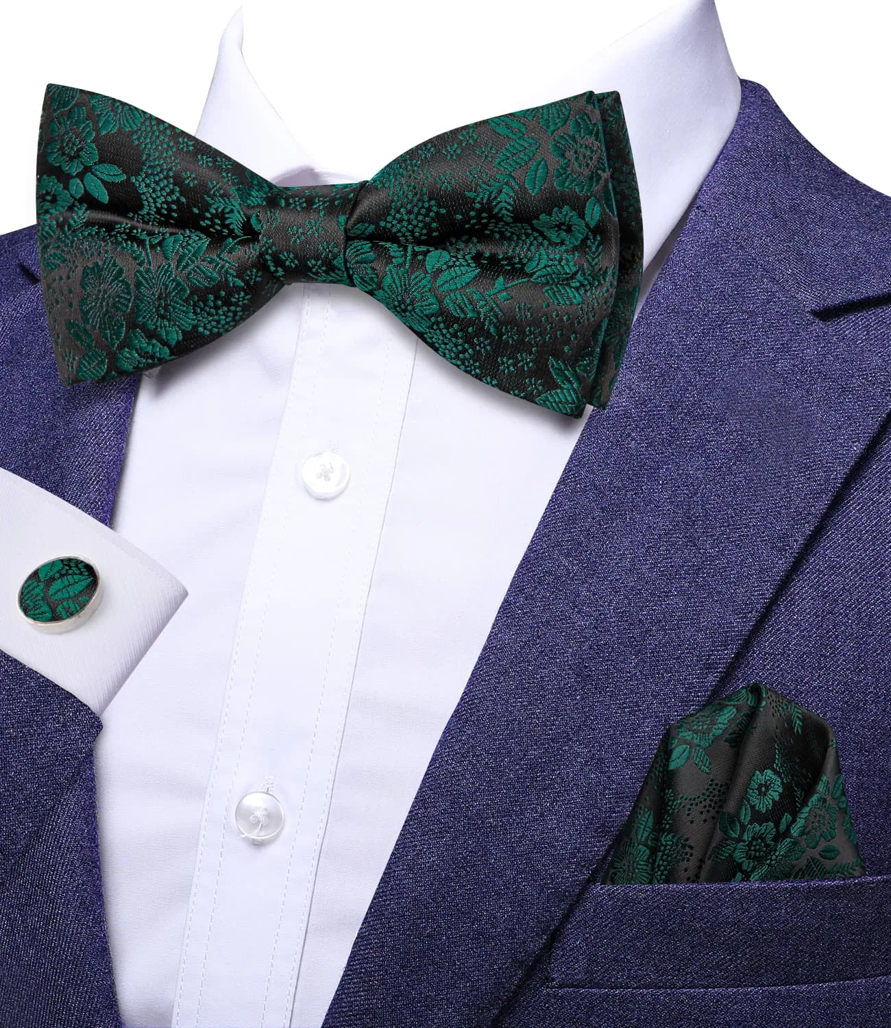 Ties2you Hunter Green Floral Tuxedo Bowtie Pre-tied Bow Tie Handkerchief Cufflinks Set sold by Ties2You product image thumbnail 2