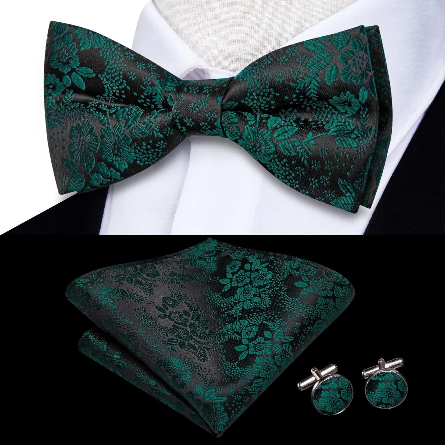 Ties2you Hunter Green Floral Tuxedo Bowtie Pre-tied Bow Tie Handkerchief Cufflinks Set sold by Ties2You
