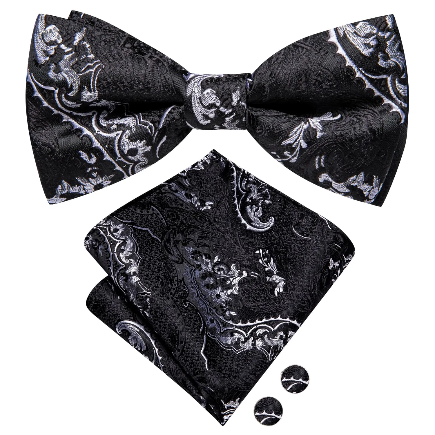 Ties2you Black Floral Tuxedo Bowtie Pre-tied Formal Bow Tie Pocket Square Cufflinks Set sold by Ties2You product image thumbnail 4