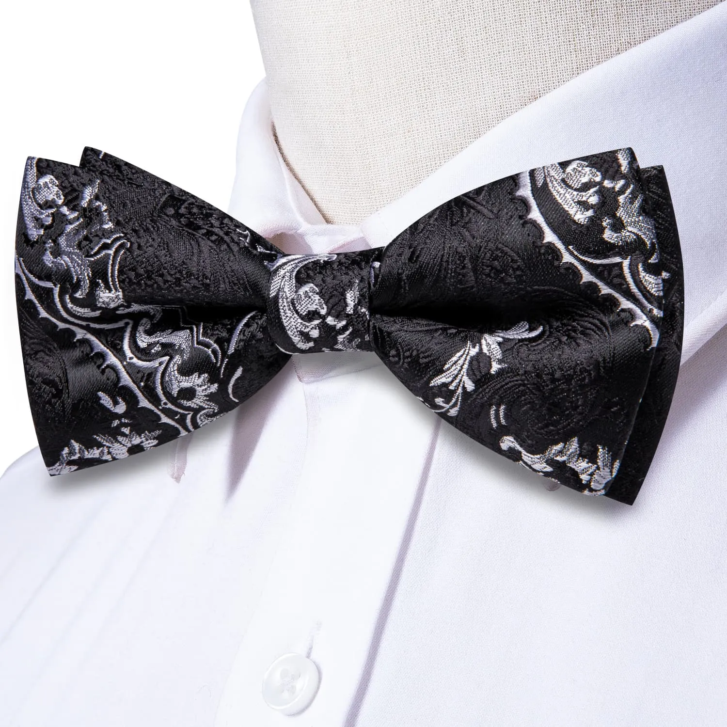 Ties2you Black Floral Tuxedo Bowtie Pre-tied Formal Bow Tie Pocket Square Cufflinks Set sold by Ties2You product image thumbnail 3