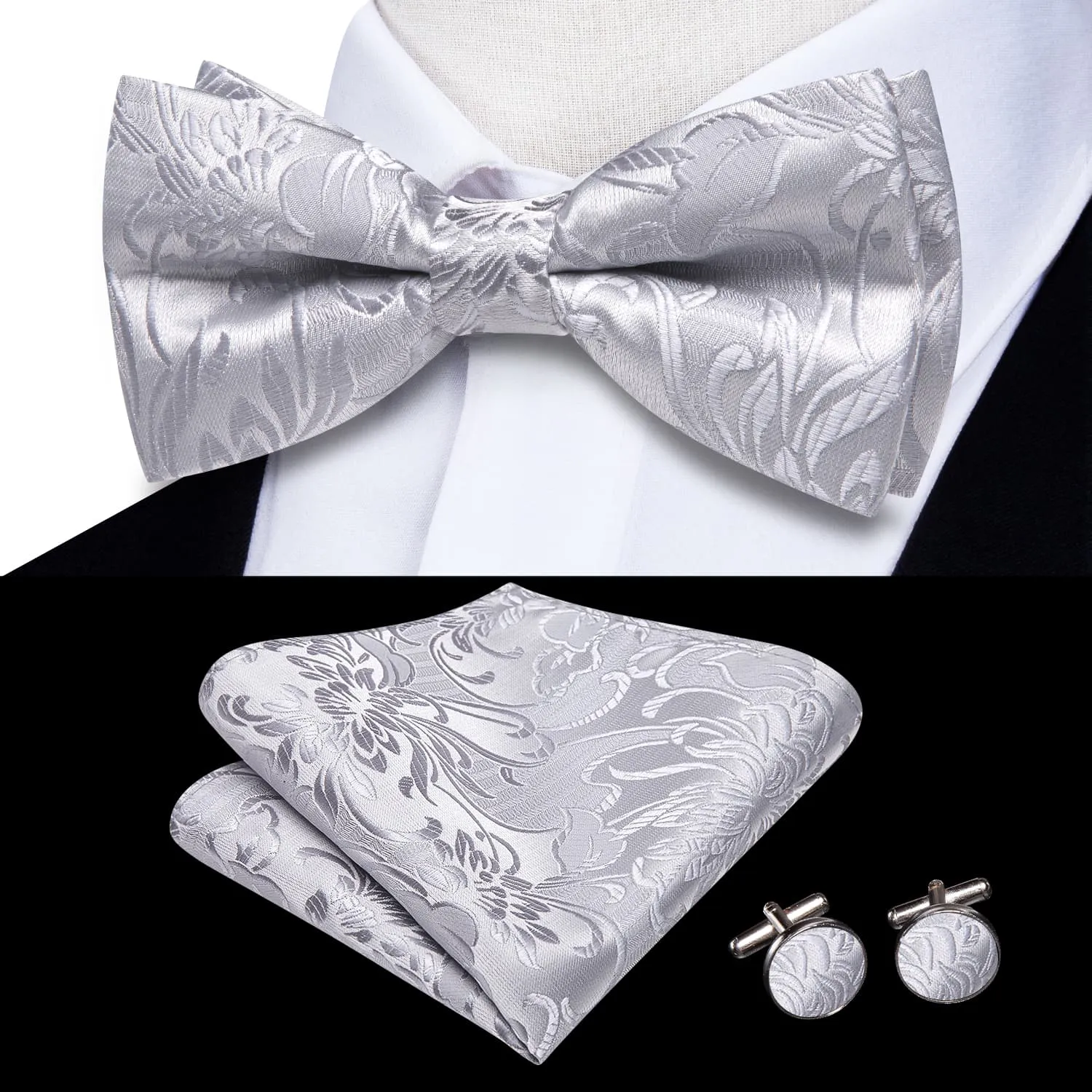 Ties2you Silver Floral Bow Tie Men's Pre-tied Bowtie Pocket Square Cufflinks Set sold by Ties2You
