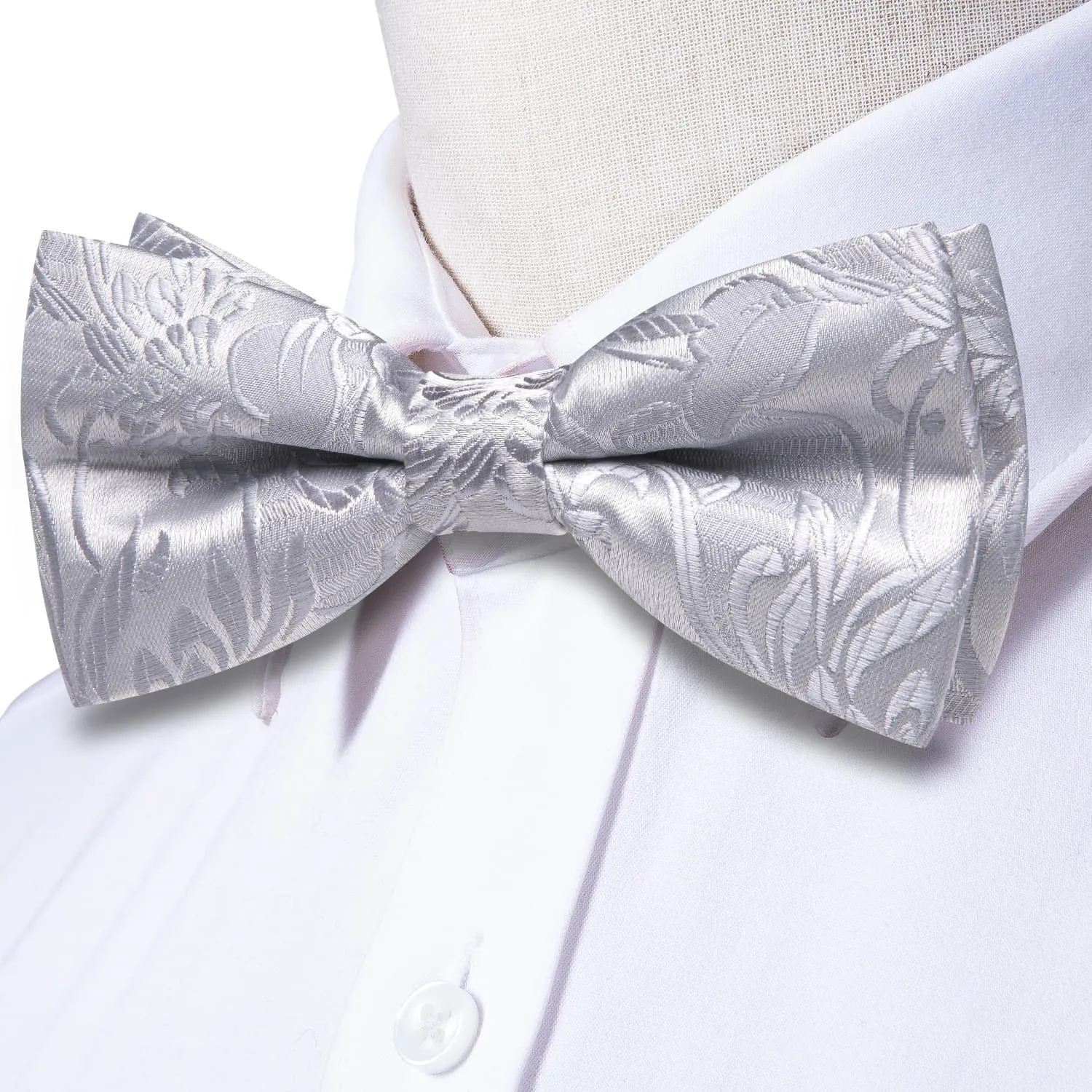 Ties2you Silver Floral Bow Tie Men's Pre-tied Bowtie Pocket Square Cufflinks Set sold by Ties2You product image thumbnail 3