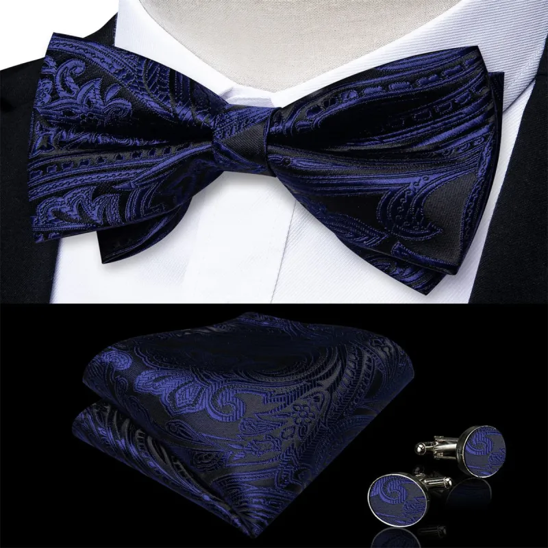 Ties2you Navy Blue Floral Bowtie Pre-tied Bow Tie Pocket Square Cufflinks Set sold by Ties2You