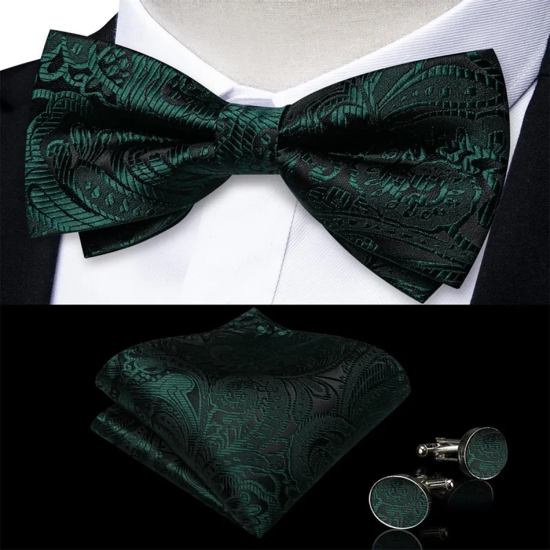 Ties2you Hunter Green Floral Bowtie Pre-tied Formal Bow Tie Handkerchief Cufflinks Set sold by Ties2You