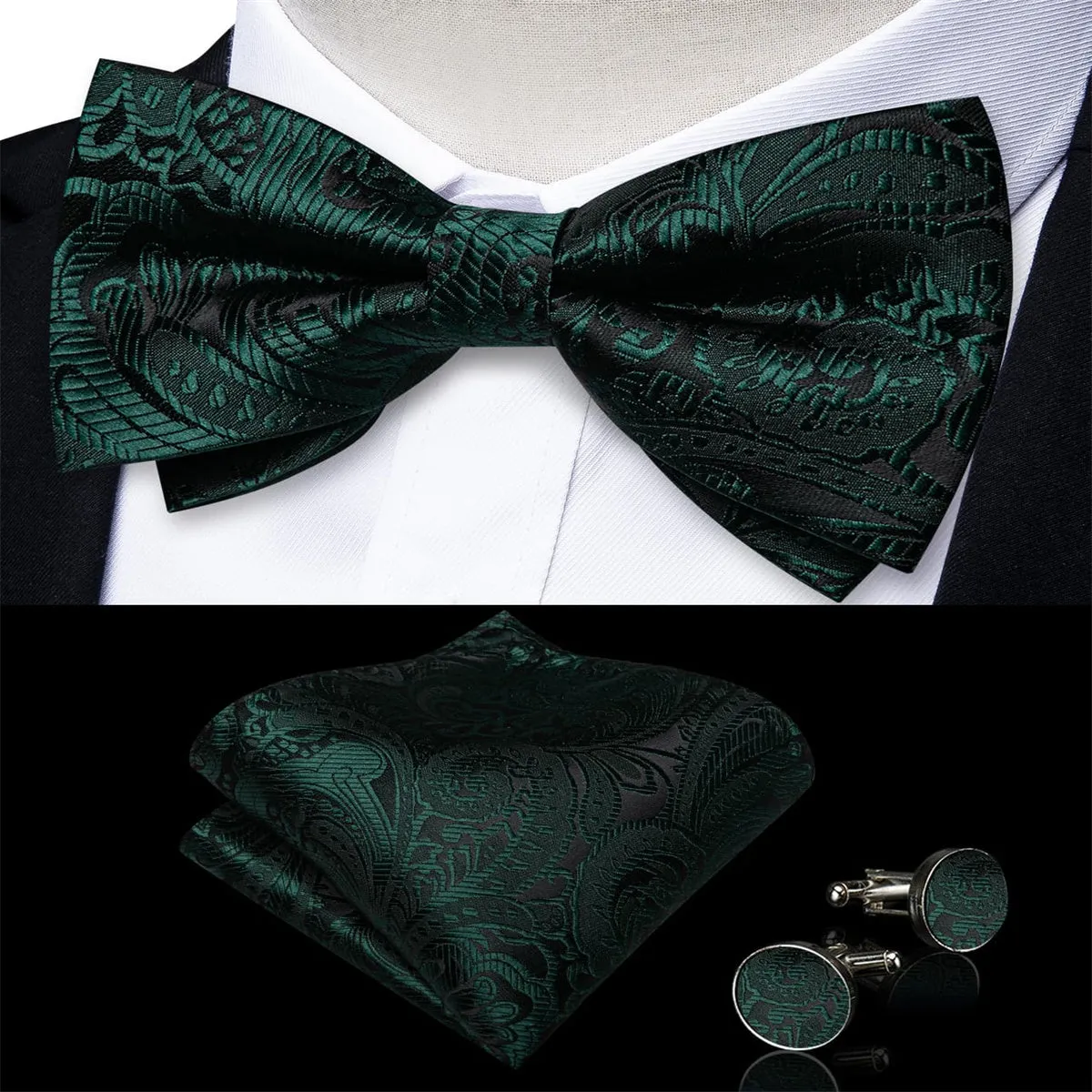 Ties2you Hunter Green Floral Bowtie Pre-tied Formal Bow Tie Handkerchief Cufflinks Set sold by Ties2You