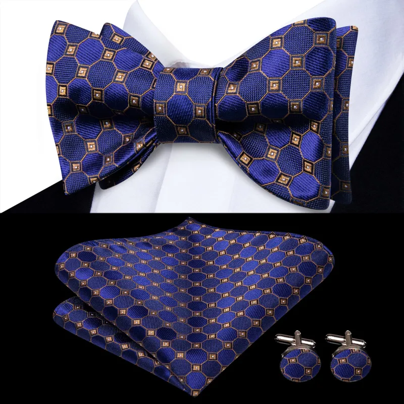 Ties2you Classic Blue Plaid Bowtie Self-tie Business Bow Tie Handkerchief Cufflinks Set sold by Ties2You