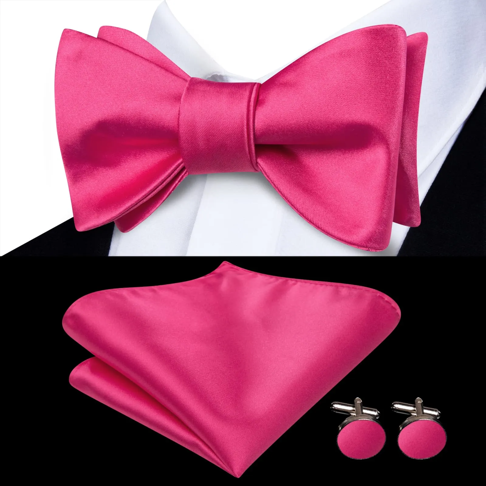 Ties2you Hot Pink Bowtie Pre-tied Solid Formal Tuxedo Bow Tie Handkerchief Cufflinks Set sold by Ties2You