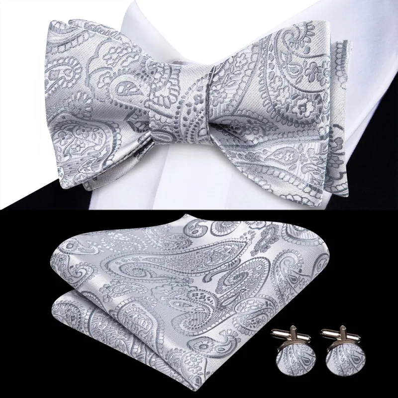 Ties2you Silver Paisley Bowtie Self-tie Wedding Bow Tie Pocket Square Cufflinks Set sold by Ties2You