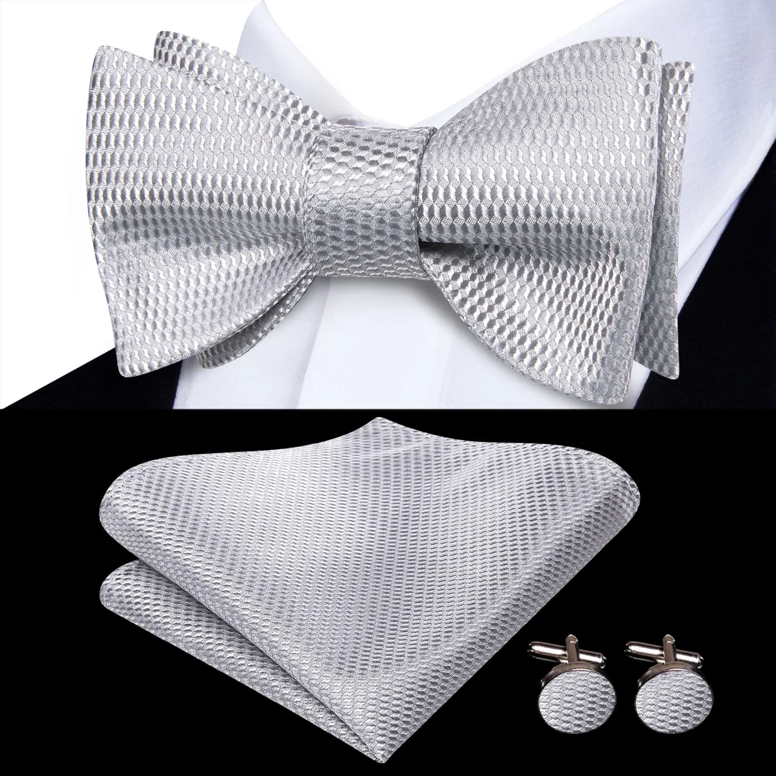 Ties2you Geometric Silver Bow Ties Self-tie Tuxedo Bowtie Pocket Square Cufflinks Set sold by Ties2You