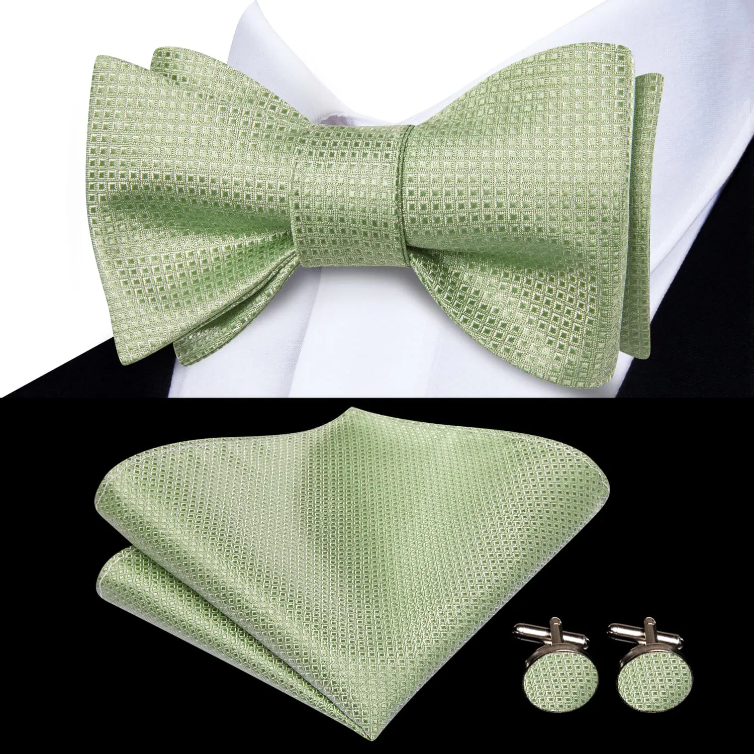 Ties2you Self-tie Bow Ties Sage Green Geometric Tuxedo Bowtie Pocket Square Cufflinks Set sold by Ties2You