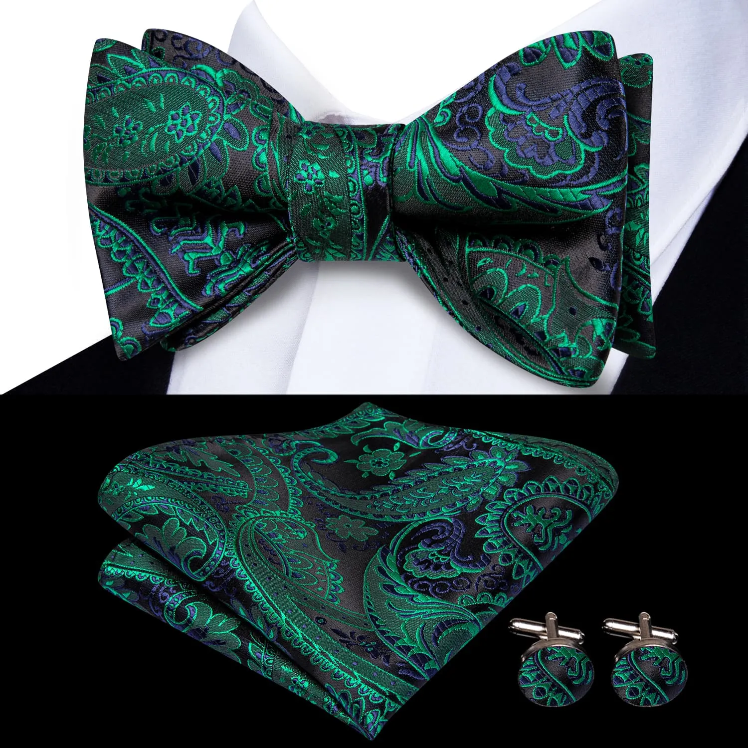 Ties2you Forest Green Paisley Bow Ties Self-tie Tuxedo Bowtie Pocket Square Cufflinks Set sold by Ties2You