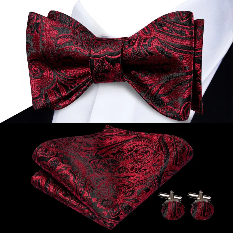 Ties2you Burgundy Paisley Bowtie Self-tie Wedding Bow Tie Pocket Square Cufflinks Set sold by Ties2You