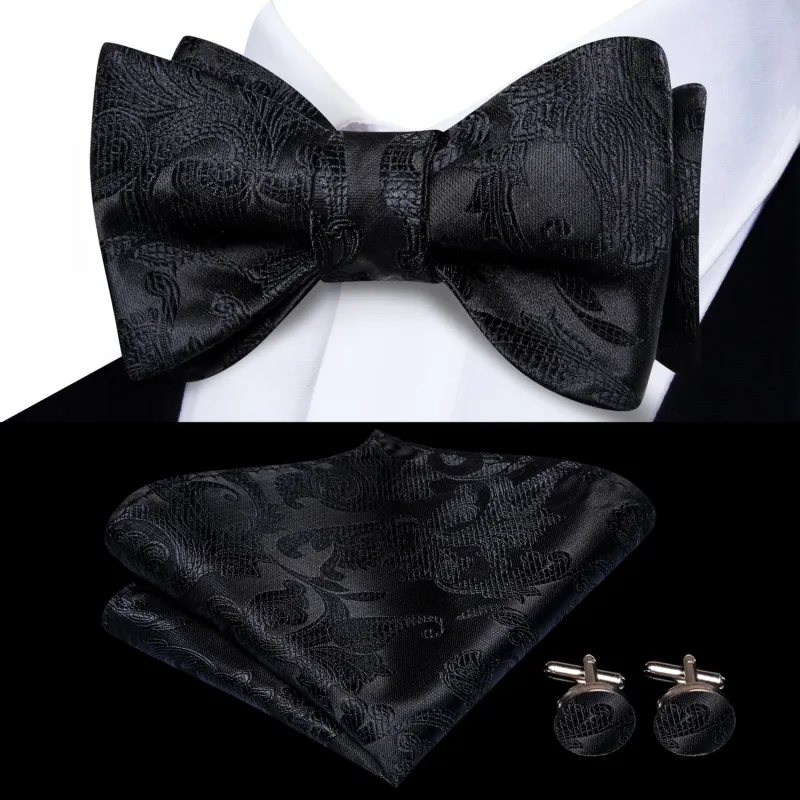 Ties2you Floral Black Bow Ties Self-tie Tuxedo Bowtie Pocket Square Cufflinks Set sold by Ties2You