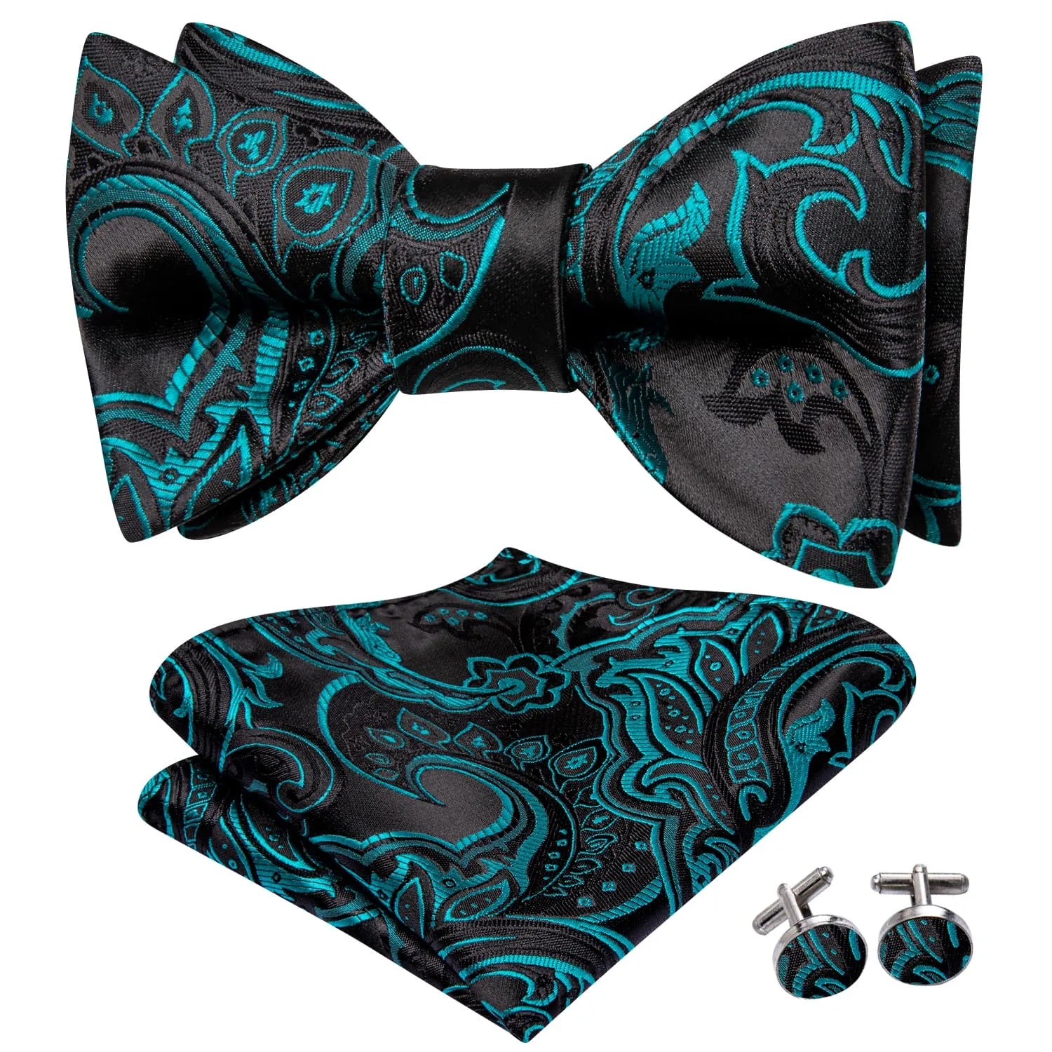 Ties2you Self-tie Bow Ties Teal Floral Black Tuxedo Bowtie Pocket Square Cufflinks Set sold by Ties2You product image thumbnail 2