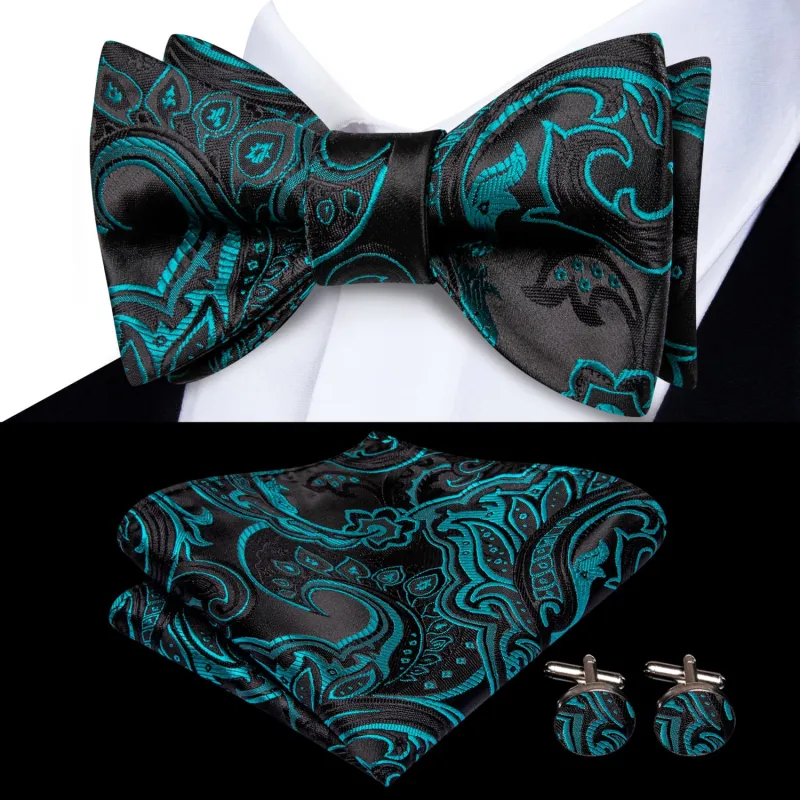 Ties2you Self-tie Bow Ties Teal Floral Black Tuxedo Bowtie Pocket Square Cufflinks Set sold by Ties2You