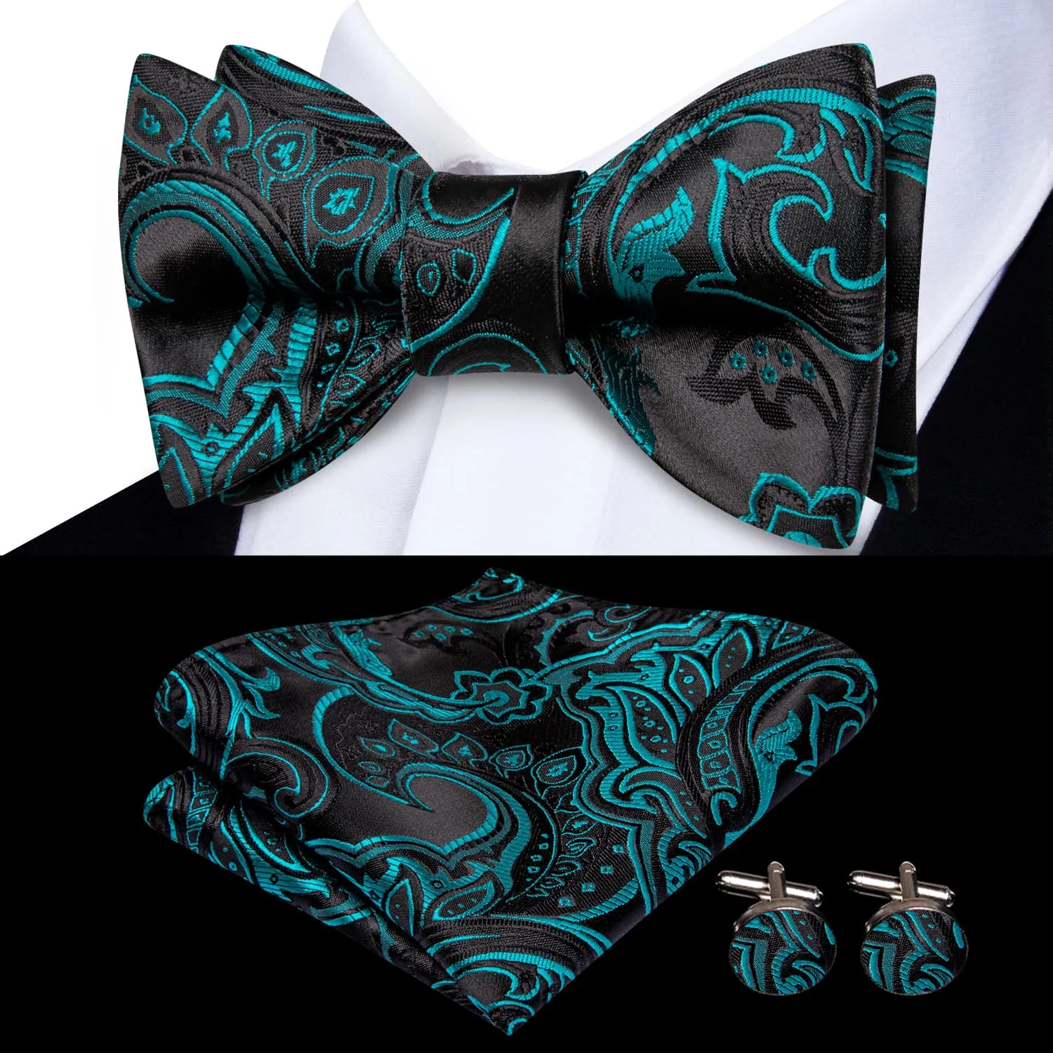 Ties2you Self-tie Bow Ties Teal Floral Black Tuxedo Bowtie Pocket Square Cufflinks Set sold by Ties2You