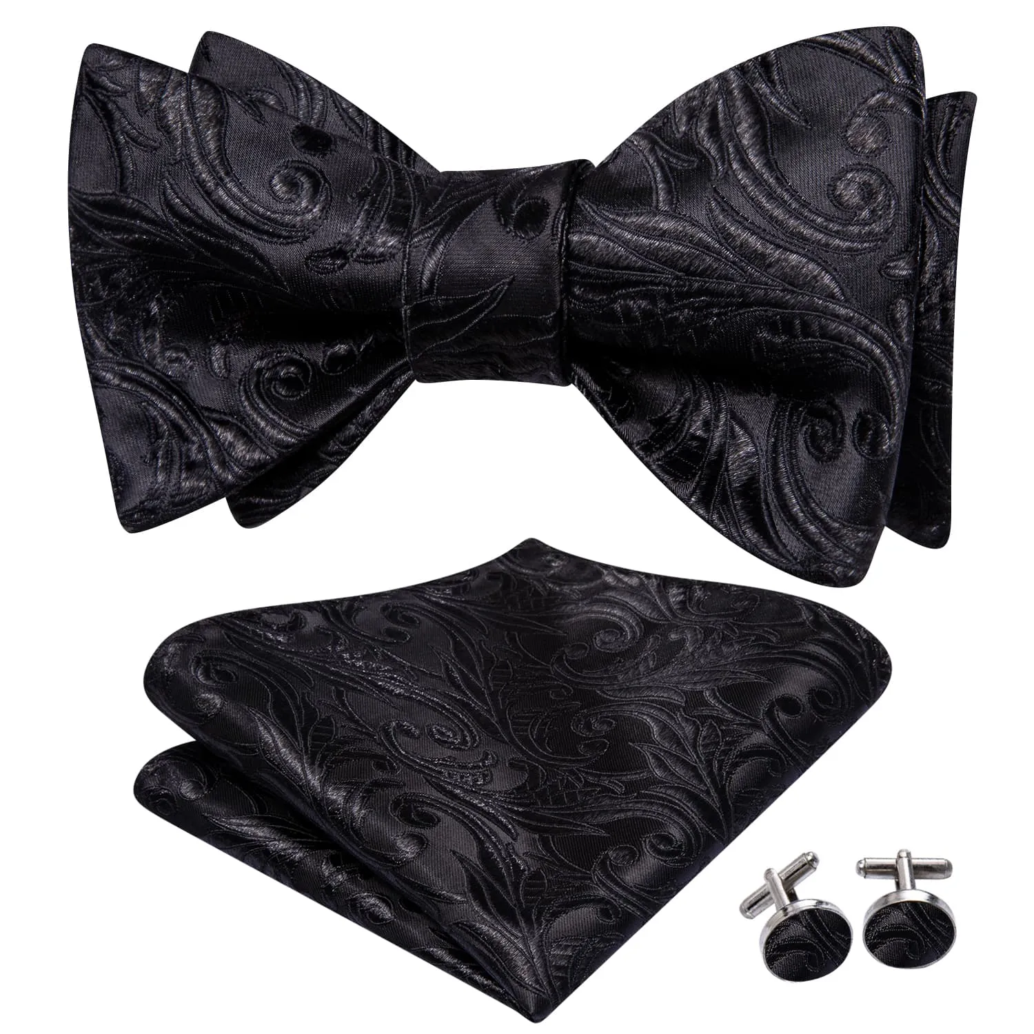 Ties2you Black Floral Tuxedo Bowtie Self-tie Wedding Bow Tie Handkerchief Cufflinks Set sold by Ties2You product image thumbnail 2