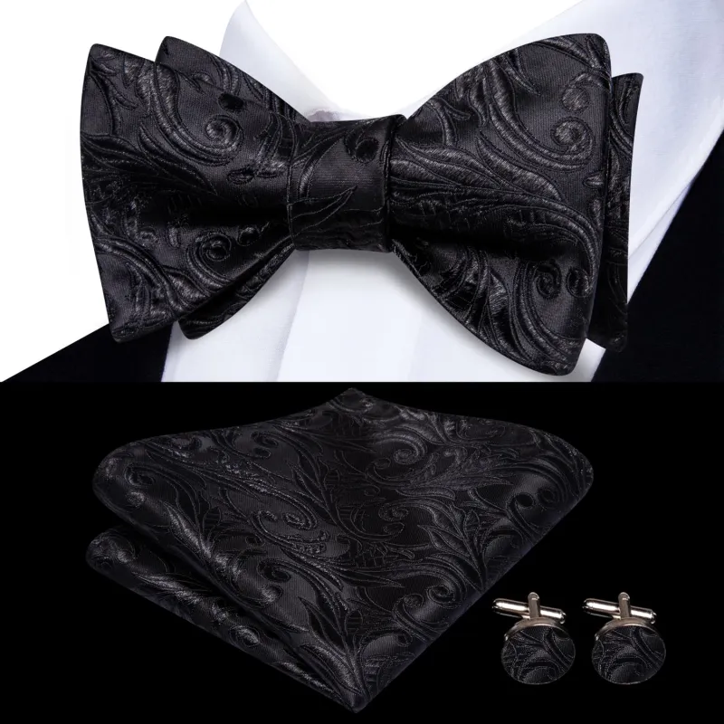 Ties2you Black Floral Tuxedo Bowtie Self-tie Wedding Bow Tie Handkerchief Cufflinks Set sold by Ties2You
