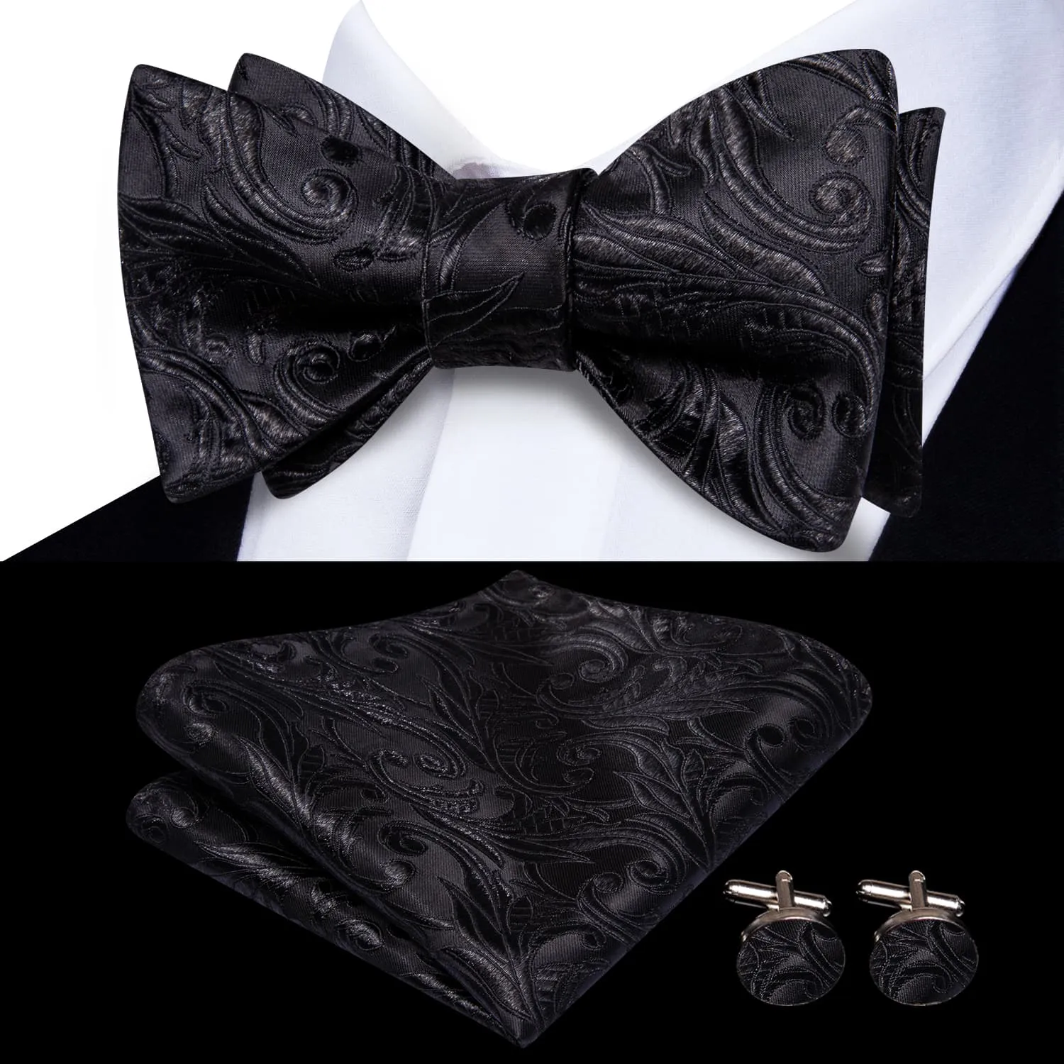 Ties2you Black Floral Tuxedo Bowtie Self-tie Wedding Bow Tie Handkerchief Cufflinks Set sold by Ties2You