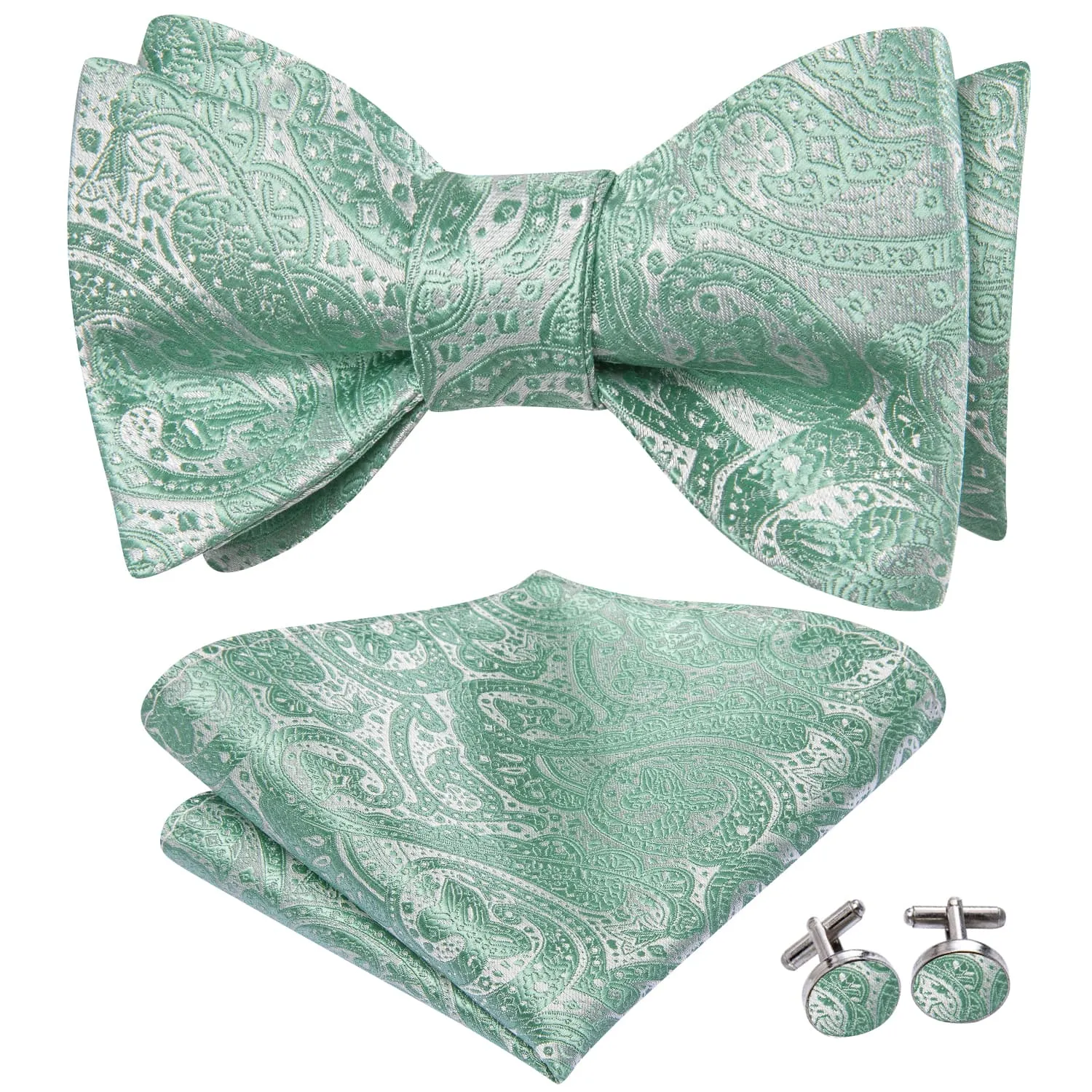 Ties2you Sage Green Floral Bow Tie Self-tie Tuxedo Bowtie Pocket Square Cufflinks Set sold by Ties2You product image thumbnail 2
