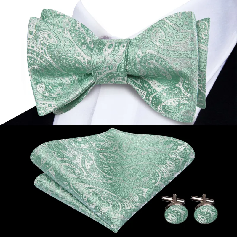 Ties2you Sage Green Floral Bow Tie Self-tie Tuxedo Bowtie Pocket Square Cufflinks Set sold by Ties2You