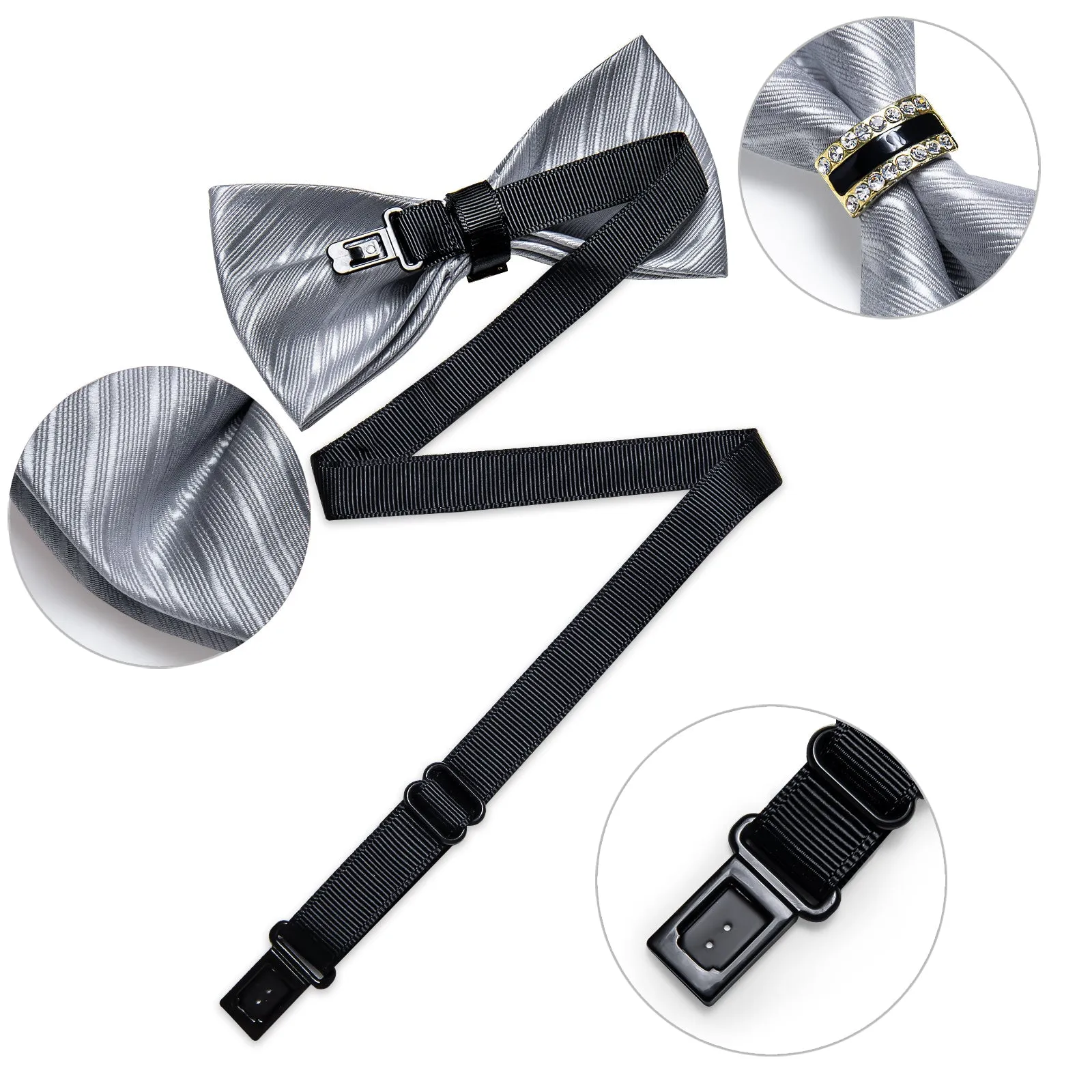 Ties2you Striped Silver Bowtie Pre-tied Ring Bow Tie Handkerchief Cufflinks Set for Men sold by Ties2You product image thumbnail 4