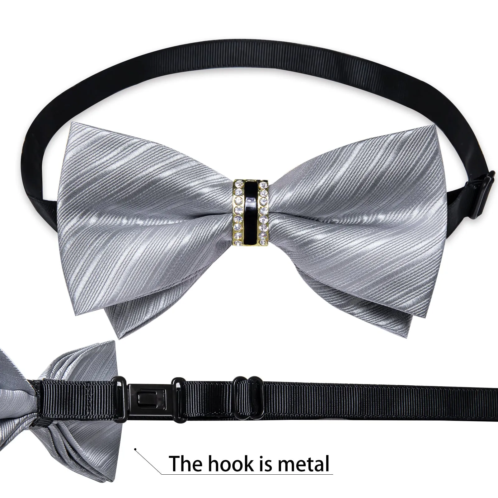 Ties2you Striped Silver Bowtie Pre-tied Ring Bow Tie Handkerchief Cufflinks Set for Men sold by Ties2You product image thumbnail 5