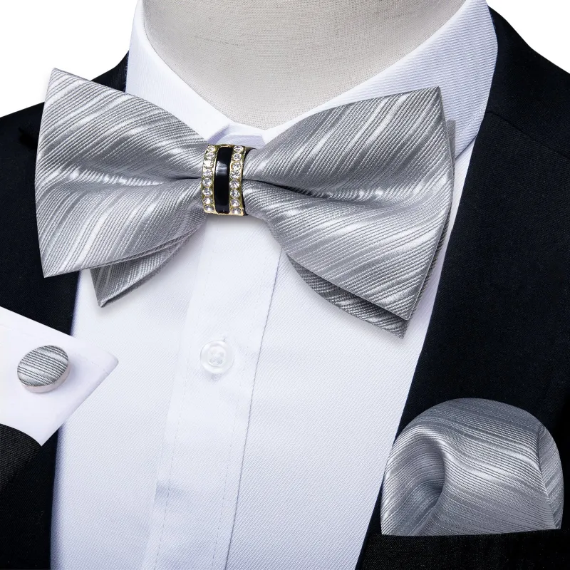 Ties2you Striped Silver Bowtie Pre-tied Ring Bow Tie Handkerchief Cufflinks Set for Men sold by Ties2You